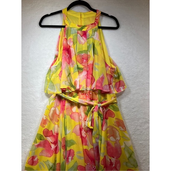 Eliza J Womens Watercolor Floral Hi Lo Hem Dress Sz 4 Yellow & Pink Halter - Picture 4 of 11